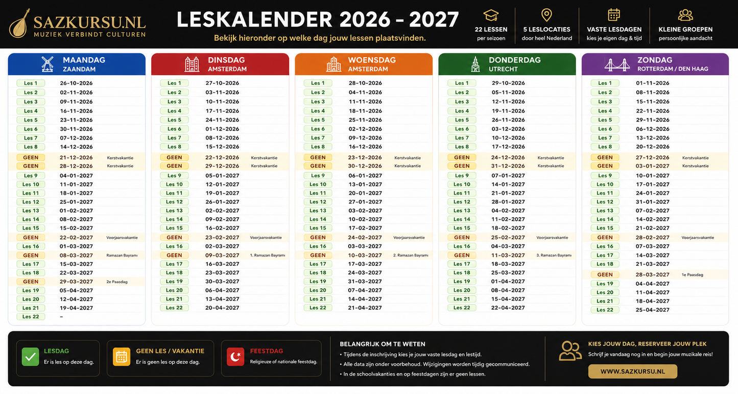 Saz Dersleri Zaandam 2026–2027 / Sazlessen Zaandam 2026–2027 (Kapora / Aanbetaling)